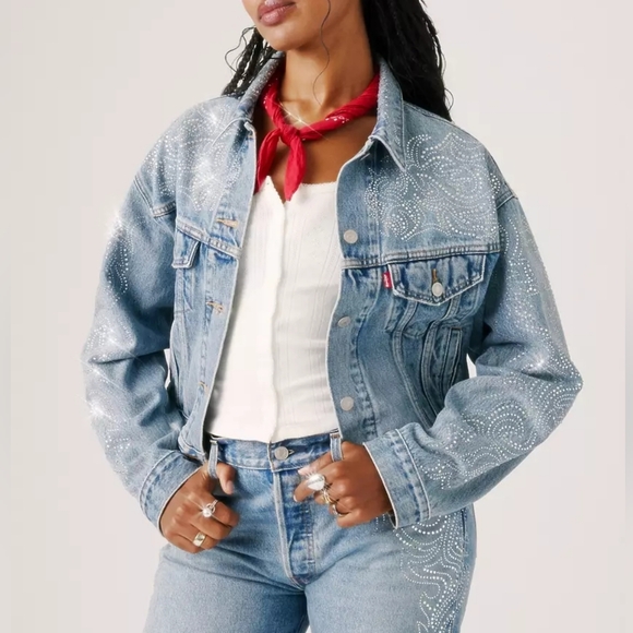 Beyoncé X Levi’s® Shrunken '90s Trucker Jacket Western Crystal Dark Blue Bnwt - Picture 1 of 16
